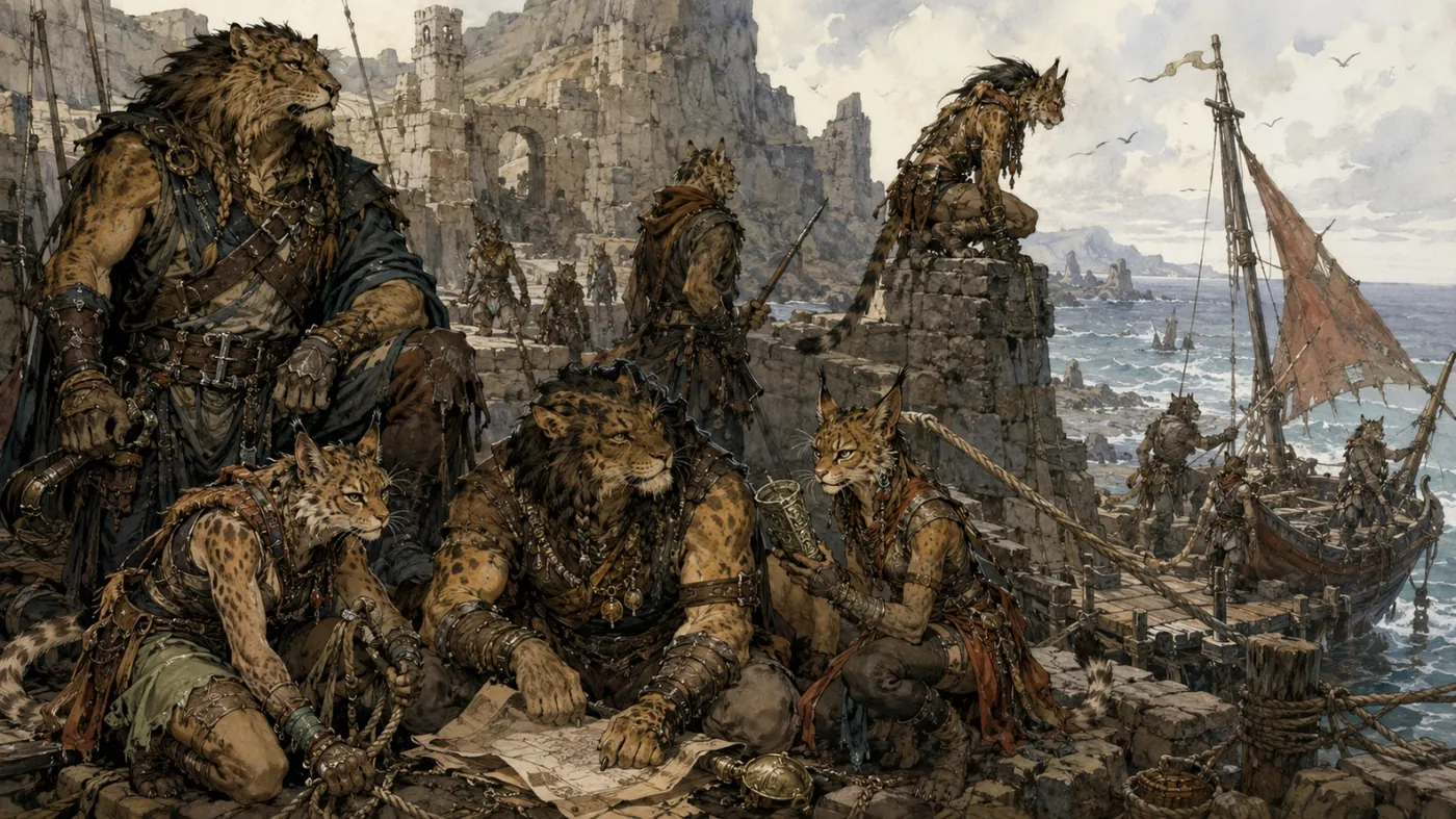 The image depicts a group of lion-faced warriors, each wearing heavy armor, gathered around a large, weathered book, while a fleet of Viking longships sail in the background. KI-generierte Inhalte können fehlerhaft sein.
