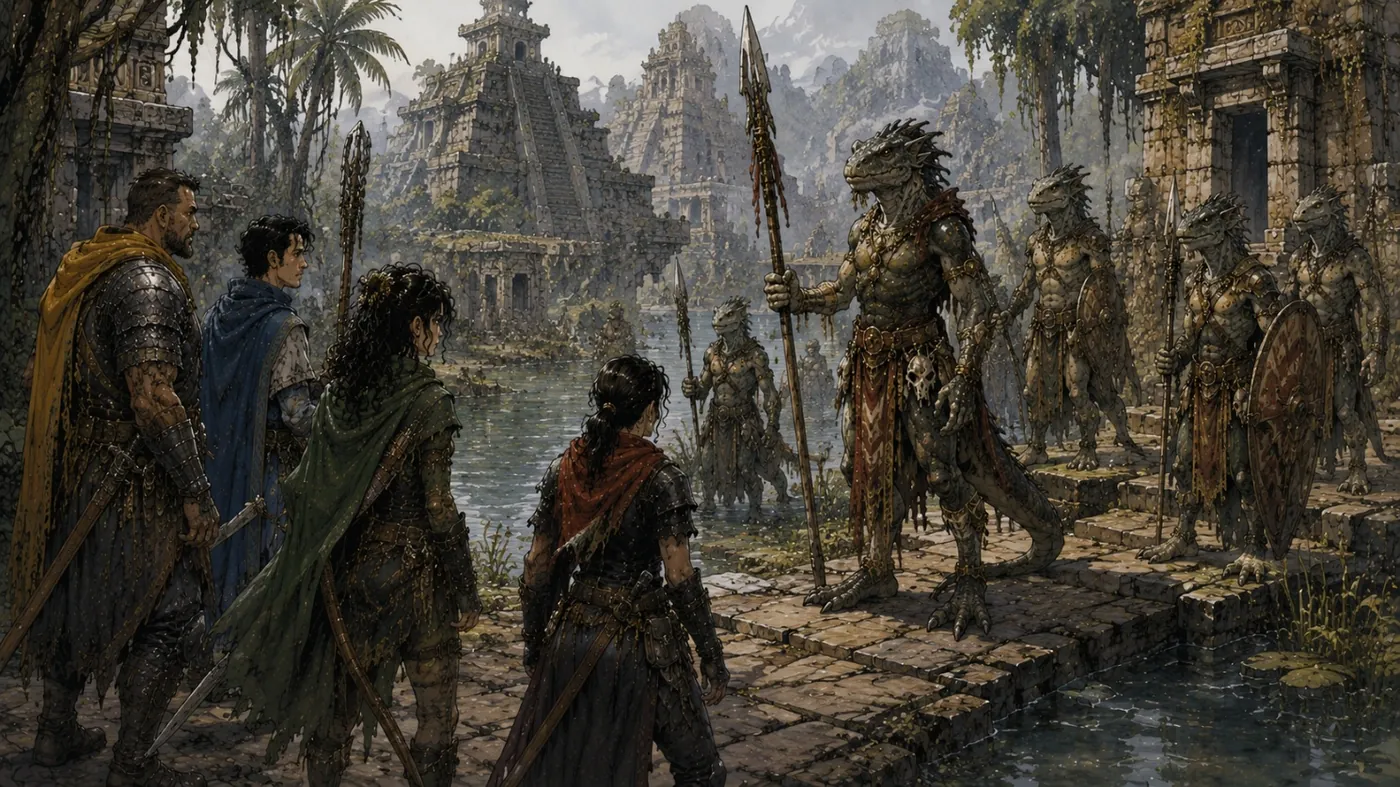 The image depicts a fantasy scene with a group of people in medieval attire, some with armor, and others in robes, gathered around a structure that resembles an ancient temple or fortress amidst a lush, verdant landscape. KI-generierte Inhalte können fehlerhaft sein.