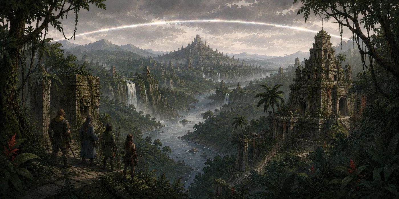 The image depicts an ancient, majestic city with towering stone structures, surrounded by dense, vibrant tropical foliage and a serene, circular rainbow arching over the landscape. KI-generierte Inhalte können fehlerhaft sein.