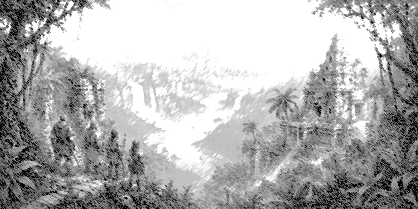 The image depicts an ancient, majestic city with towering stone structures, surrounded by dense, vibrant tropical foliage and a serene, circular rainbow arching over the landscape. KI-generierte Inhalte können fehlerhaft sein.