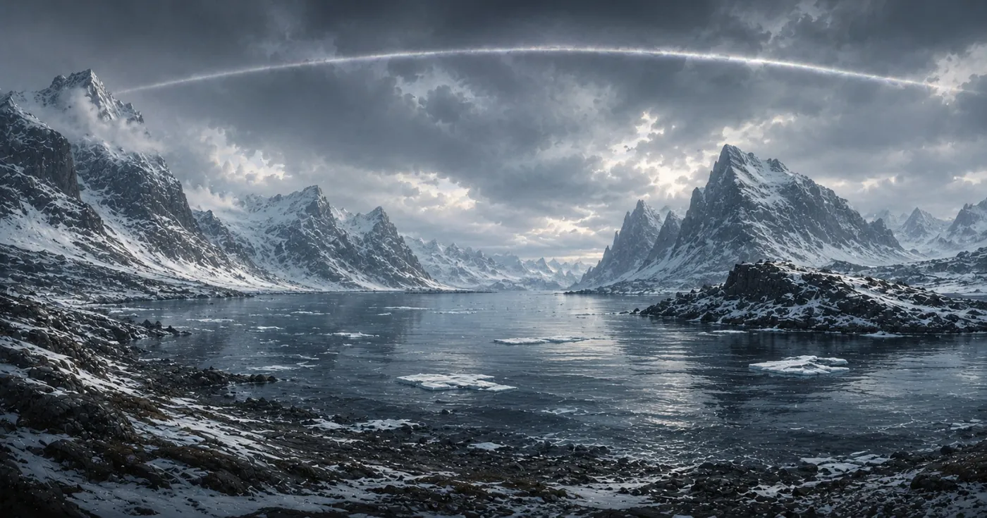 The image depicts a serene, snowy mountain landscape under a dramatic, swirling cloud-filled sky, with a glowing, curved rainbow arc spanning across the serene, frozen lake. KI-generierte Inhalte können fehlerhaft sein.