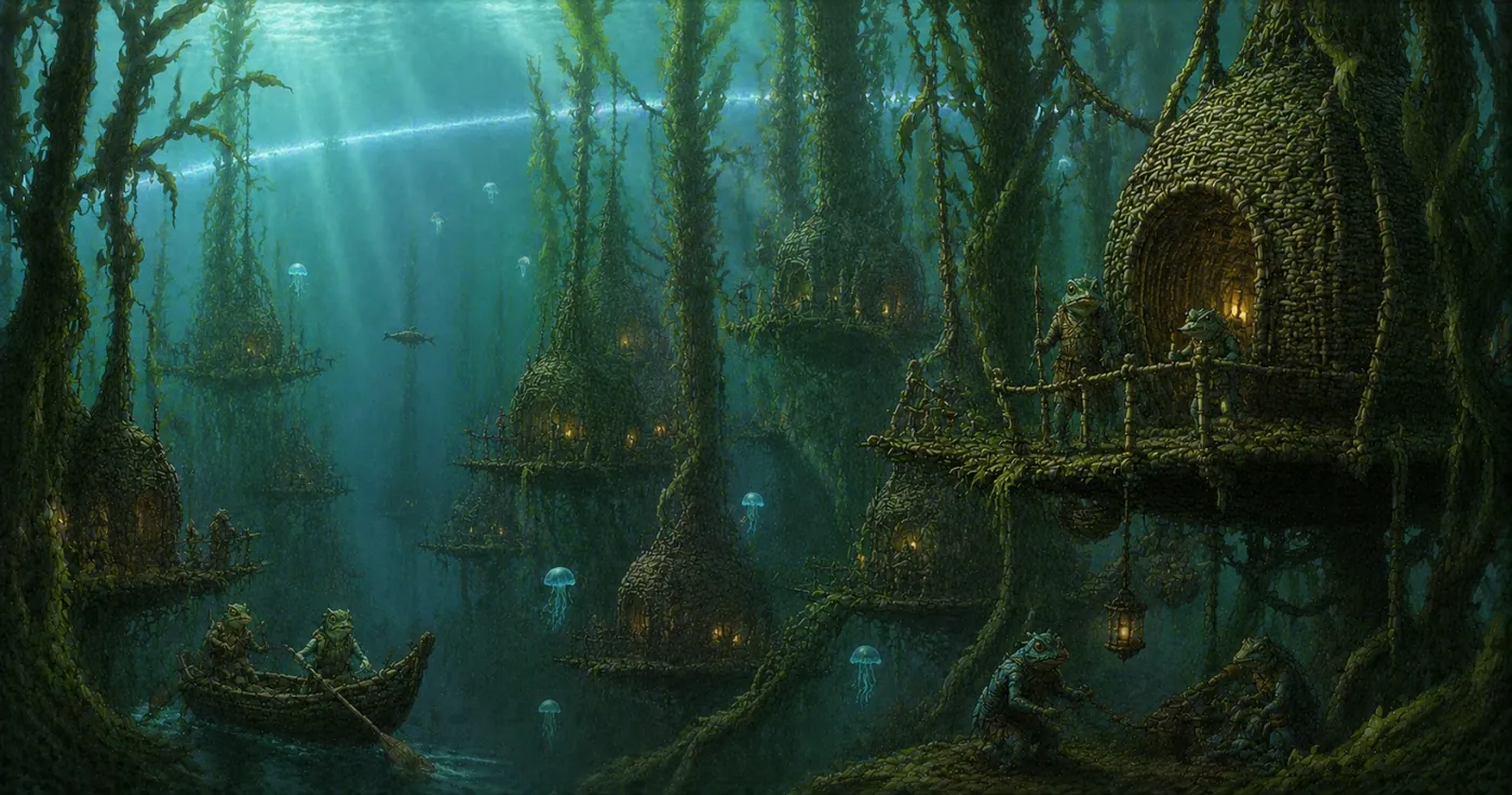 The image depicts an otherworldly underwater scene with a cluster of floating, bioluminescent structures, each hosting tiny inhabitants, enveloped in a serene, otherworldly glow. KI-generierte Inhalte können fehlerhaft sein.