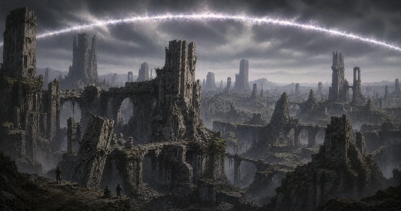 The image depicts a desolate, crumbling medieval cityscape under a dramatic, ominous stormy sky. KI-generierte Inhalte können fehlerhaft sein.