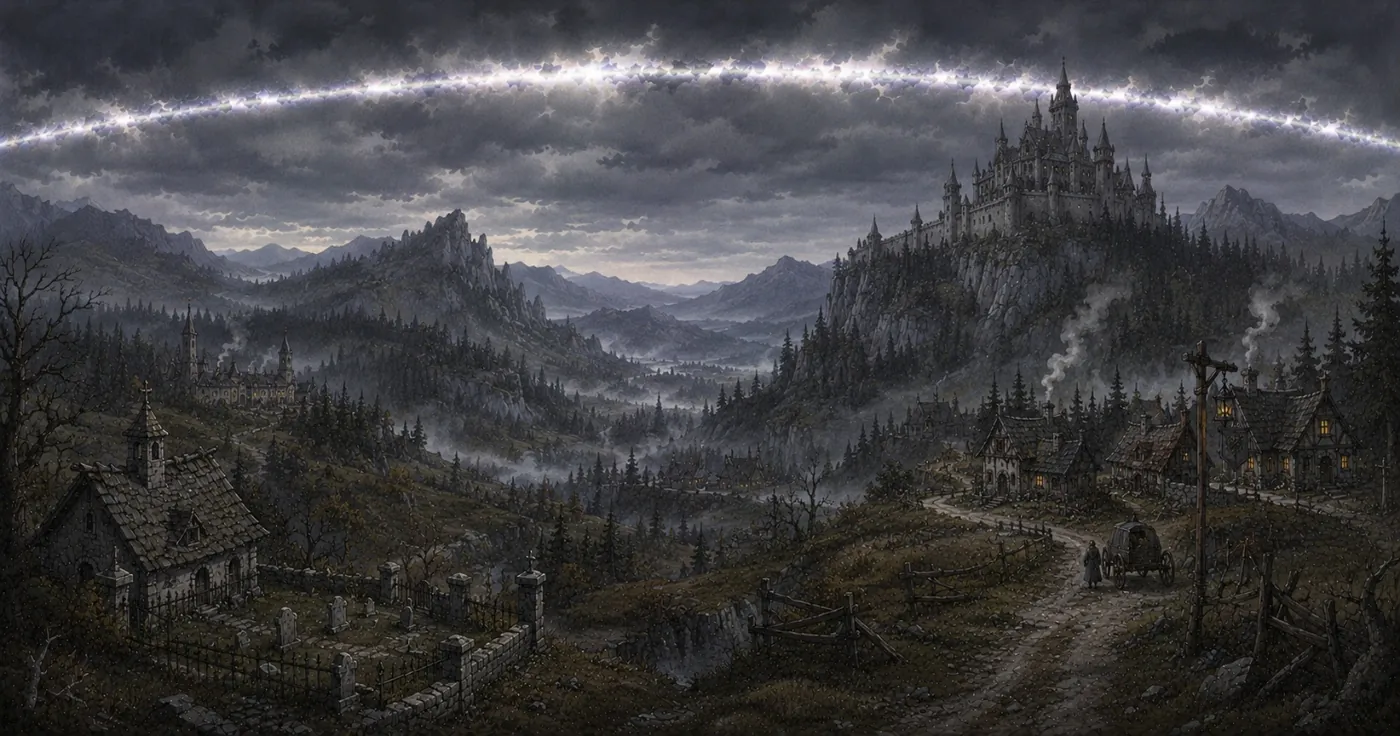 The image depicts a serene, snow-covered medieval village under a dramatic, rainbow-lit sky. KI-generierte Inhalte können fehlerhaft sein.