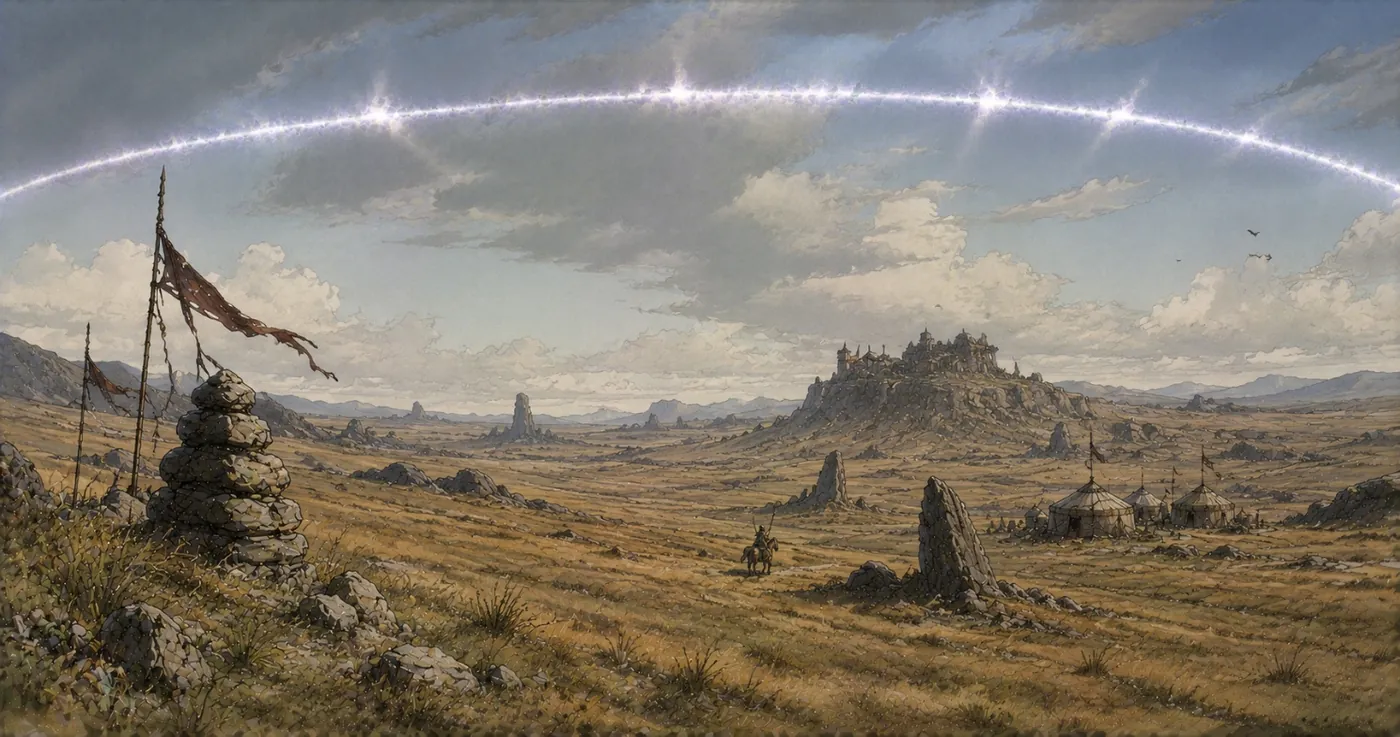 The image depicts a vast, open landscape with a distant castle under a clear blue sky, adorned with a red flag and streaked with a vivid, radiant lightning bolt. KI-generierte Inhalte können fehlerhaft sein.