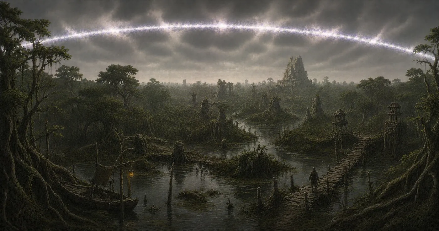 The image depicts a dense, misty jungle with towering, mysterious structures in the background, illuminated by a dramatic, lightning-filled arch overhead. KI-generierte Inhalte können fehlerhaft sein.