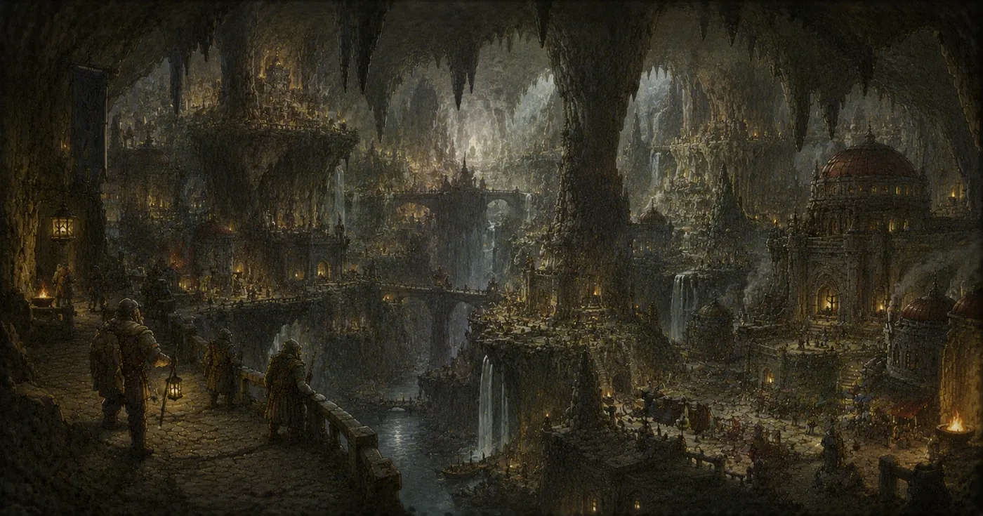 The image depicts a dark, surreal underground city with towering, intricately decorated structures and a sense of grandeur amidst a gloomy, otherworldly atmosphere. KI-generierte Inhalte können fehlerhaft sein.