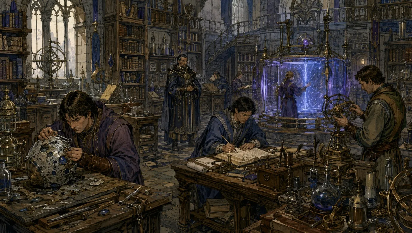 The image depicts a mystical, medieval library setting with scholars engrossed in their studies, surrounded by intricate scientific instruments and enchanting, otherworldly glows. KI-generierte Inhalte können fehlerhaft sein.