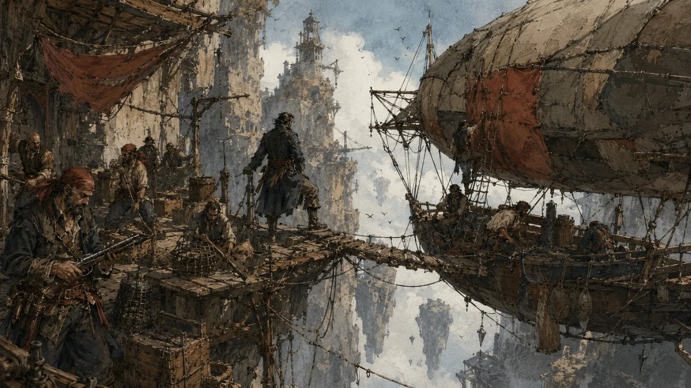 The image depicts a dramatic seafaring scene with a ship sailing above a bustling, crowded port, showcasing a sense of adventure and activity. KI-generierte Inhalte können fehlerhaft sein.