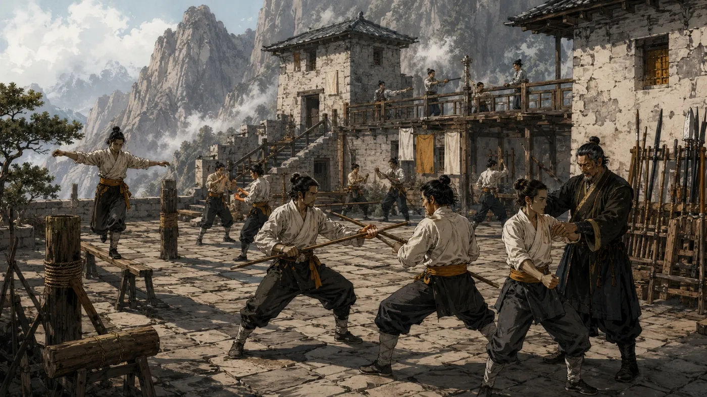 The image depicts a dynamic scene of a martial arts practice, with several practitioners performing kung fu in front of a traditional Chinese building against a mountainous backdrop. KI-generierte Inhalte können fehlerhaft sein.