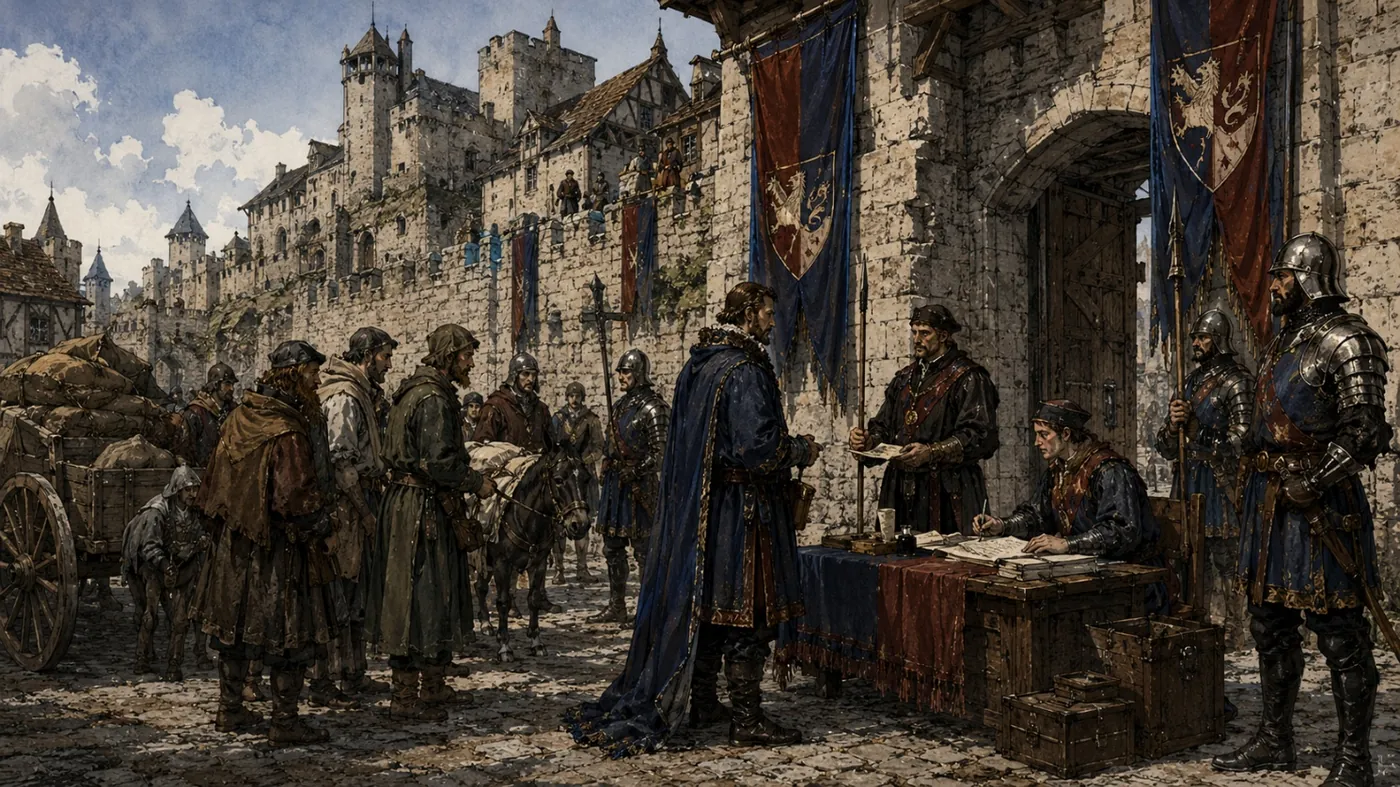 The image depicts a medieval scene with knights and a crowd gathered around a table, under a backdrop of a castle with a flag. KI-generierte Inhalte können fehlerhaft sein.