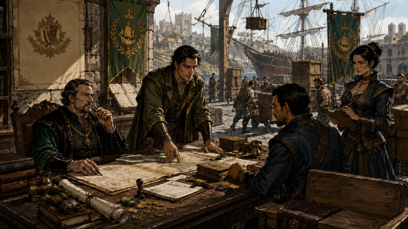The image depicts a historical scene of several people gathered around a table with parchment and quills, amidst a backdrop of ships and a regal decor, suggesting a moment of negotiation or decision-making. KI-generierte Inhalte können fehlerhaft sein.