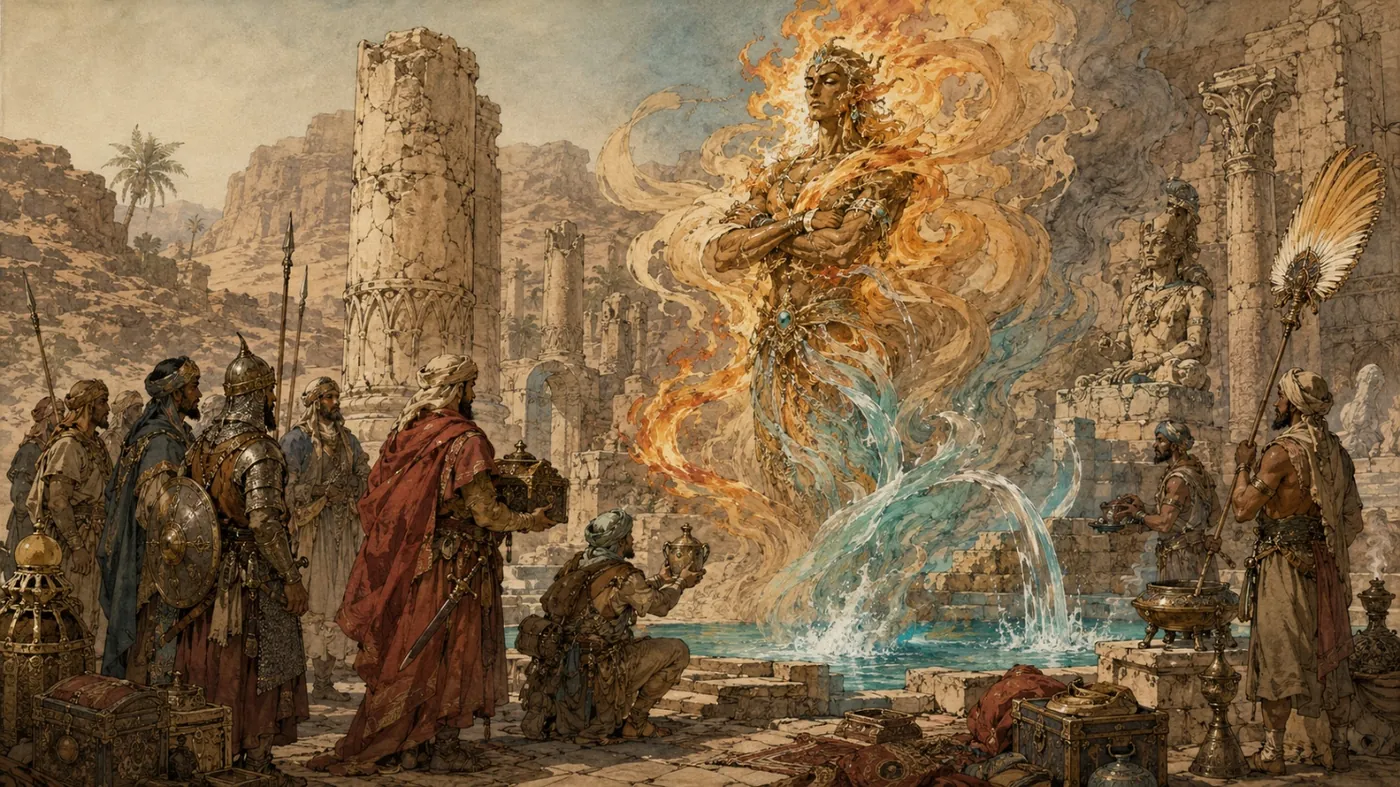 The image depicts a dramatic scene of a figure emerging from a fiery chasm, surrounded by ancient, majestic ruins and a group of attentive figures. KI-generierte Inhalte können fehlerhaft sein.