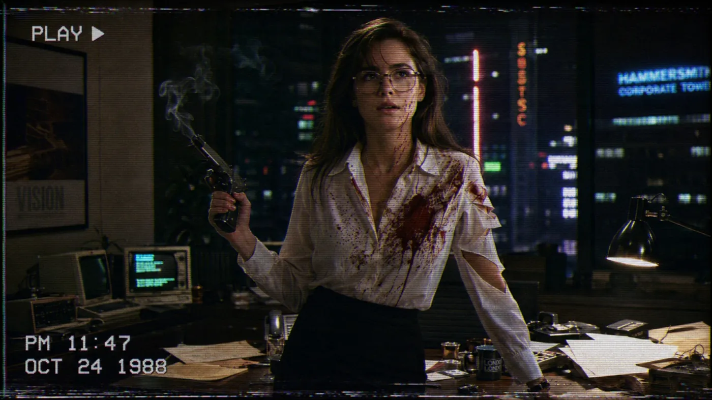 The image depicts a woman holding a gun, wearing a white dress, and sitting at a desk with various office supplies and a clock, set in a modern office environment. KI-generierte Inhalte können fehlerhaft sein.