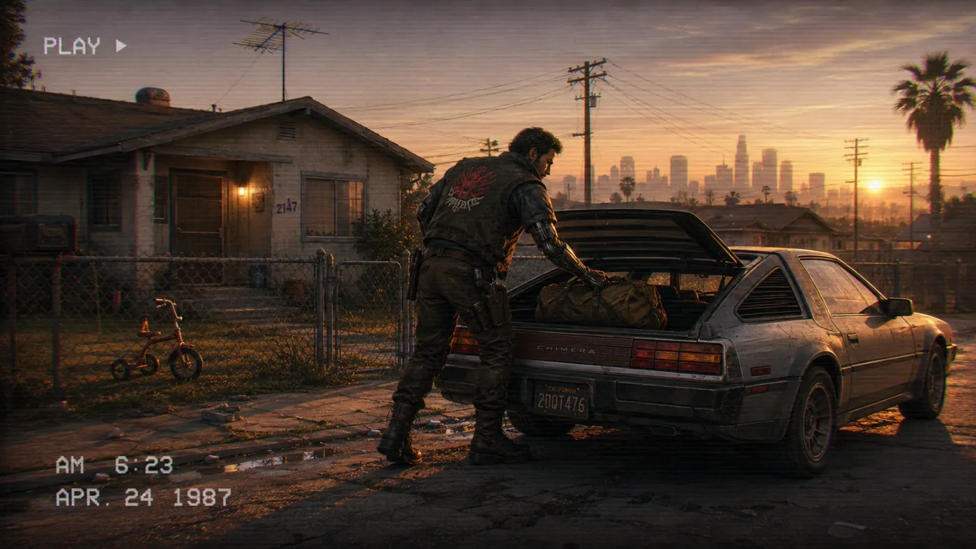 The image depicts a character in tactical gear, riding a vintage car, under a backdrop of a suburban neighborhood with palm trees and a city skyline, captured in a retro aesthete style. KI-generierte Inhalte können fehlerhaft sein.