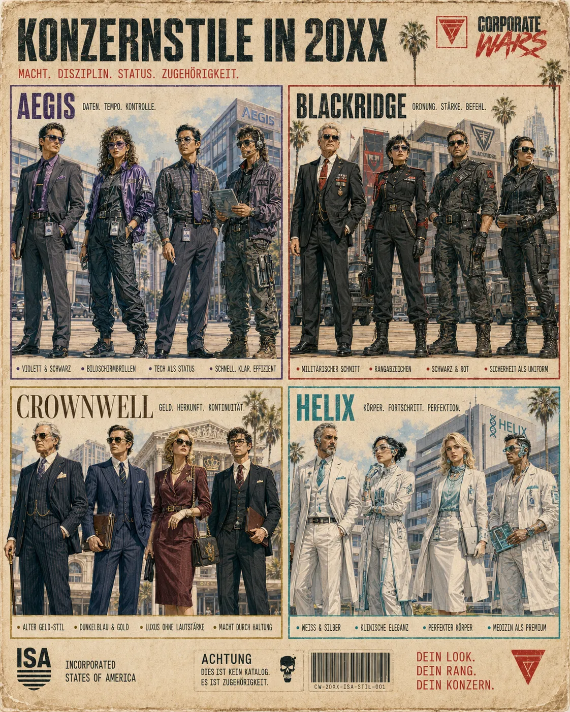 The image depicts a vibrant and stylish calendar showcasing various themes such as corporate power, military precision, luxury, and technological advancement, featuring iconic brands like Aegis, Crownwell, and Helix. KI-generierte Inhalte können fehlerhaft sein.