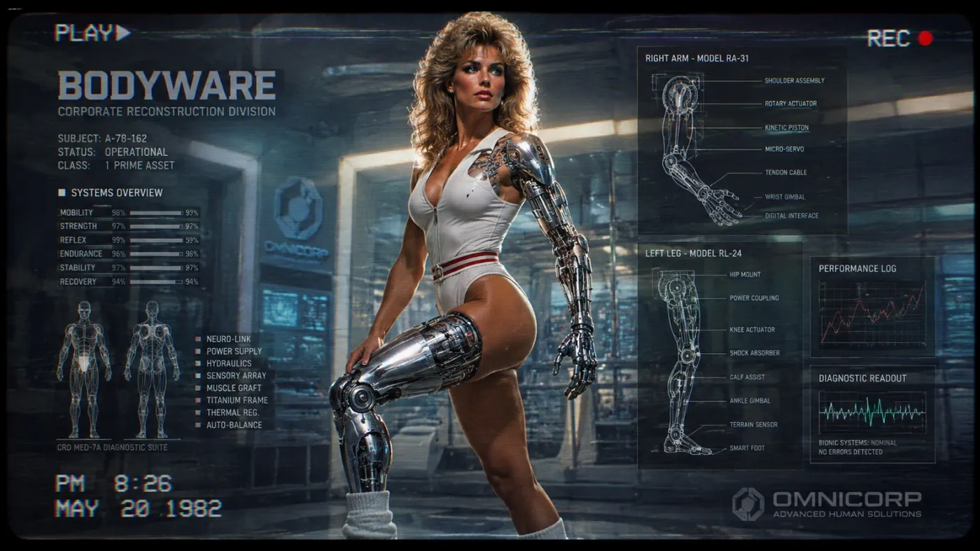 The image depicts a highly advanced humanoid robot, featuring components such as a right arm, shoulder assembly, kinetic piston, and a left leg, all integrated into a sleek, metallic frame. The robot is equipped with various high-tech systems, including a neural link, thermal regulation, and an advanced diagnostic suite, and it demonstrates exceptional strength, mobility, and performance. KI-generierte Inhalte können fehlerhaft sein.