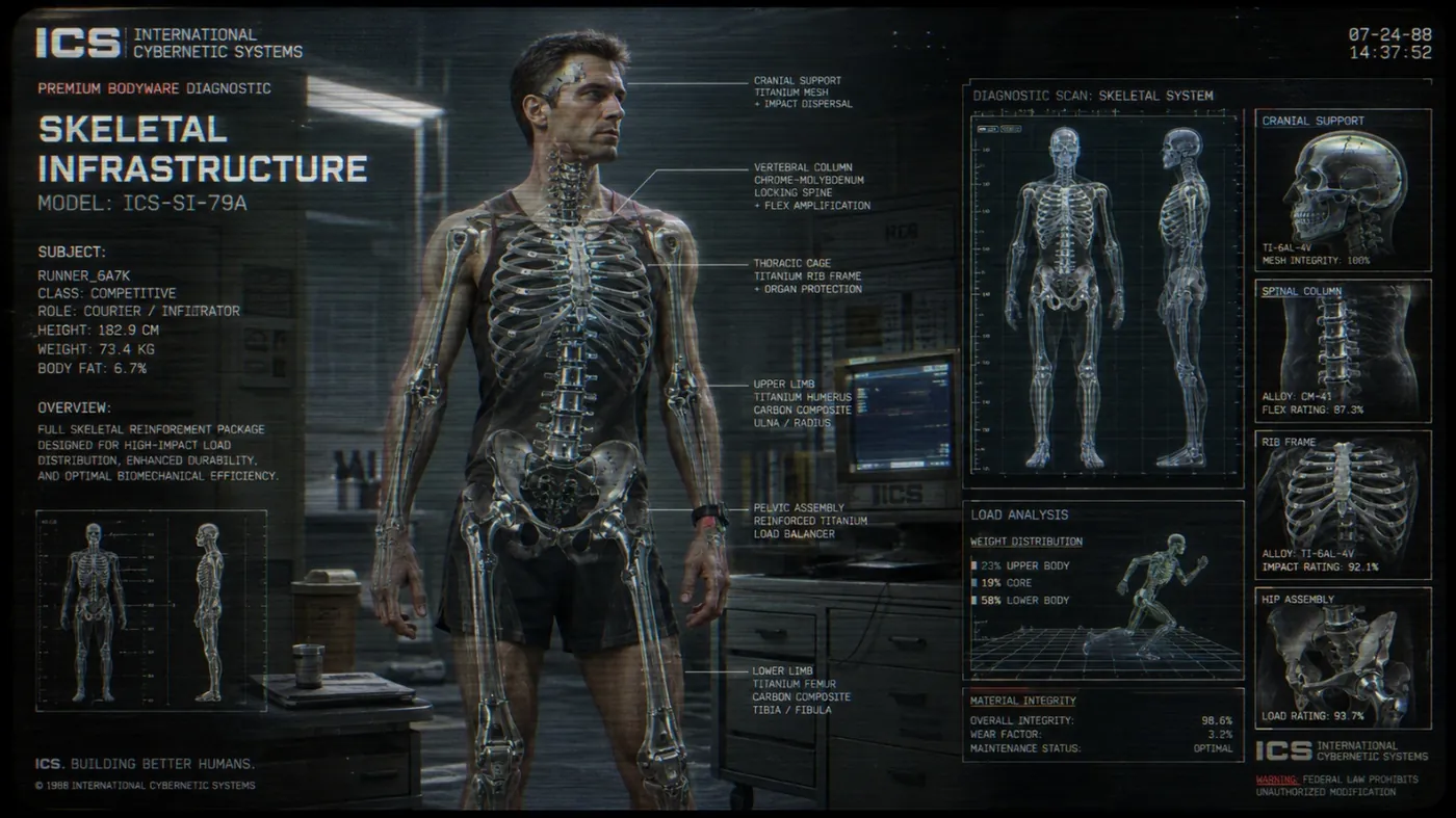 The image displays a detailed schematic or blueprint of a high-tech, cybernetic suit or prosthetic body, featuring various titanium and carbon composite components, including a cranial support, thoracic cage, skeletal system, and specialized limbs designed for durability and enhanced biomechanical efficiency. KI-generierte Inhalte können fehlerhaft sein.