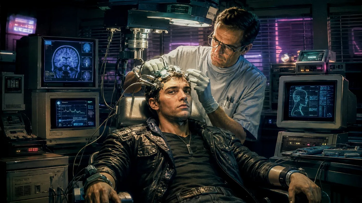 The image depicts a futuristic setting with a person wearing a helmet connected to various computer screens and machinery, suggesting a sci-fi or technological theme. KI-generierte Inhalte können fehlerhaft sein.