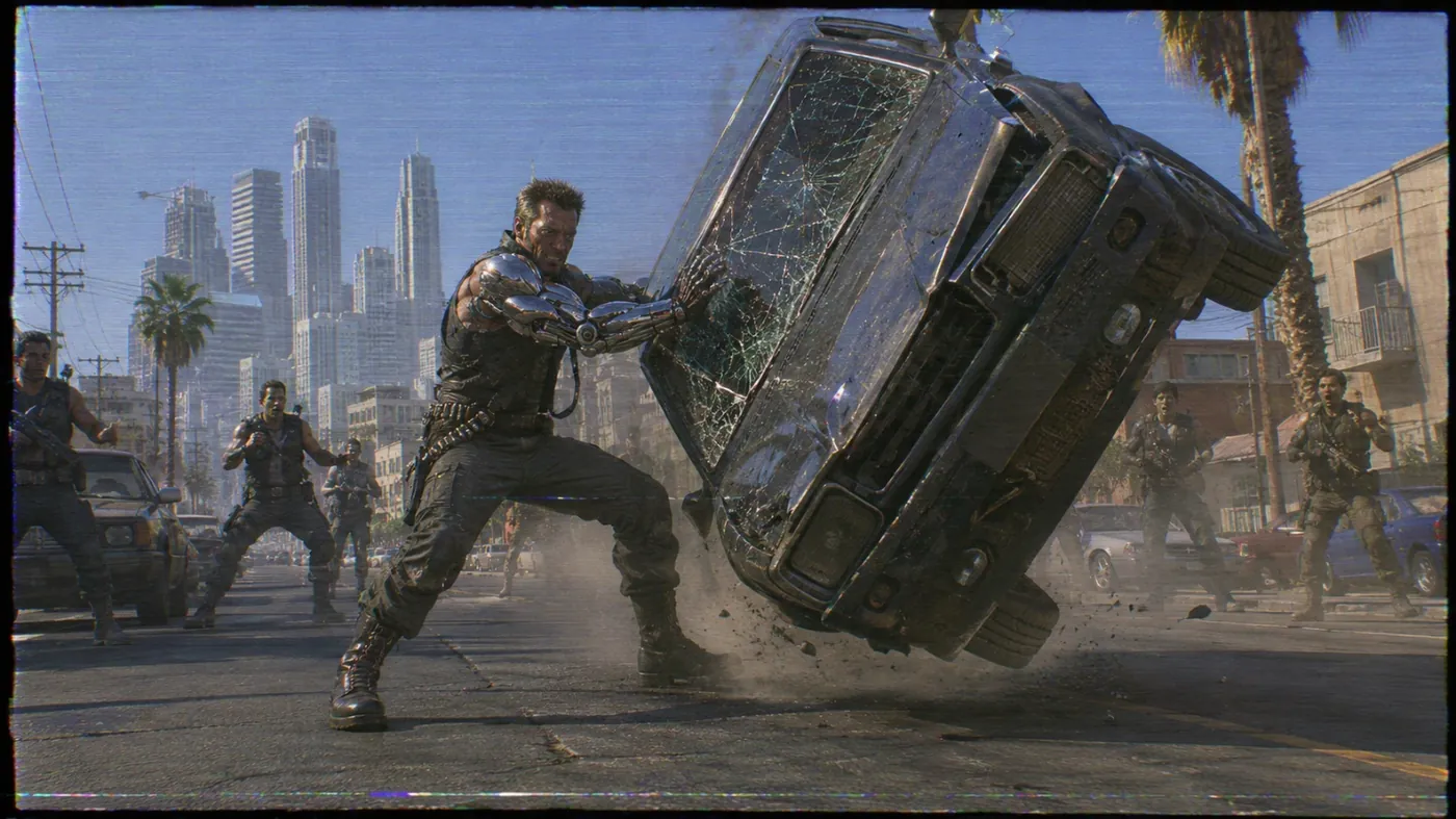 A futuristic cityscape is bustling with activity as a rugged, armored character leaps from a collapsed car, surrounded by a throng of people and buildings. KI-generierte Inhalte können fehlerhaft sein.