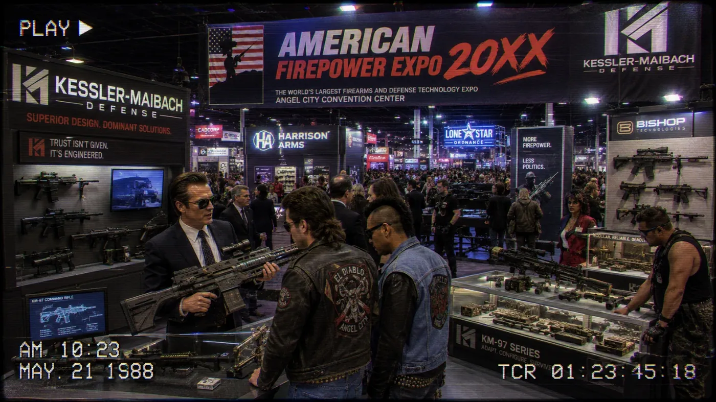 The image depicts the Kessler-Mibach Firepower Expo, an international event showcasing military and defense technologies, including various firearms and equipment, held at the Angel City Convention Center in Los Angeles. KI-generierte Inhalte können fehlerhaft sein.