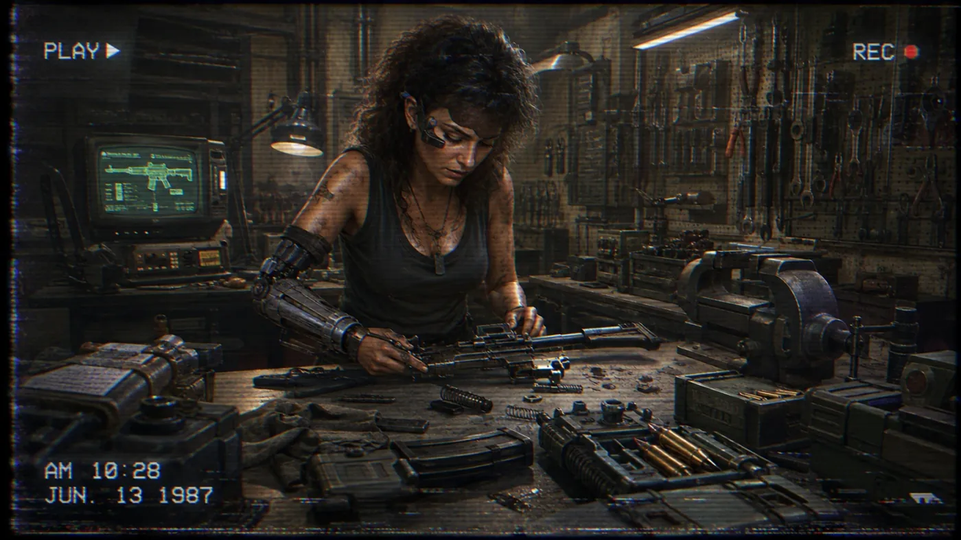 The image depicts a person in a futuristic setting, holding a gun and working with various tools in an industrial or mechanical environment. KI-generierte Inhalte können fehlerhaft sein.