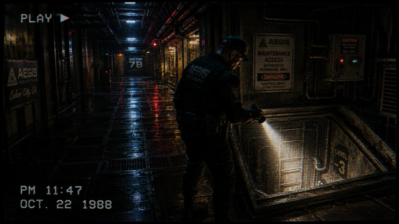 The image depicts a dark, narrow corridor with warning signs, a maintenance worker wearing a blue uniform, and various technical labels and codes. KI-generierte Inhalte können fehlerhaft sein.