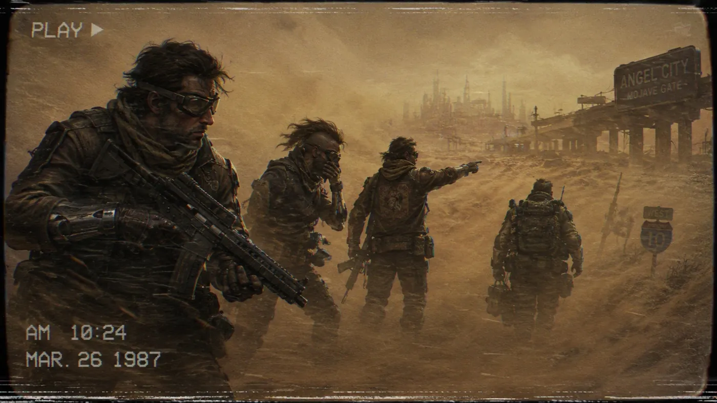 The image depicts a desolate, rugged landscape with three armed individuals standing near a gate, set against a backdrop of a dusk sky, dated March 26, 1987. KI-generierte Inhalte können fehlerhaft sein.