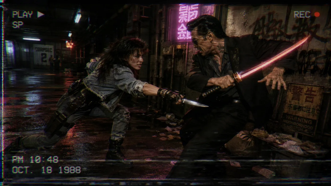 The image depicts a dramatic scene, possibly a movie or video, featuring a character in a black jacket, holding a sword, with a street and signage in the background, and a timestamp indicating it was recorded on October 18, 1988, at 10:48 PM. KI-generierte Inhalte können fehlerhaft sein.