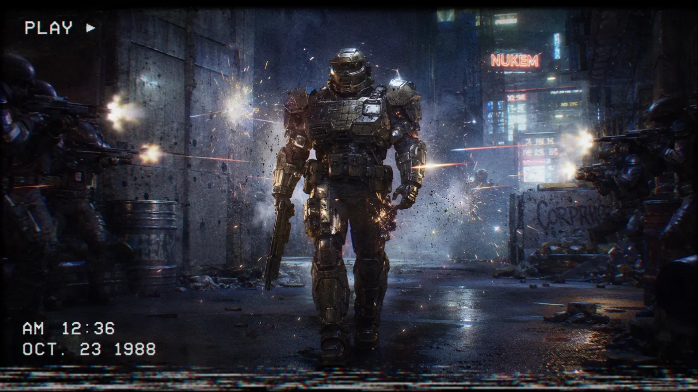 The image depicts a futuristic war scene with a heavily armored soldier in a post-apocalyptic cityscape, dated October 23, 1988. KI-generierte Inhalte können fehlerhaft sein.