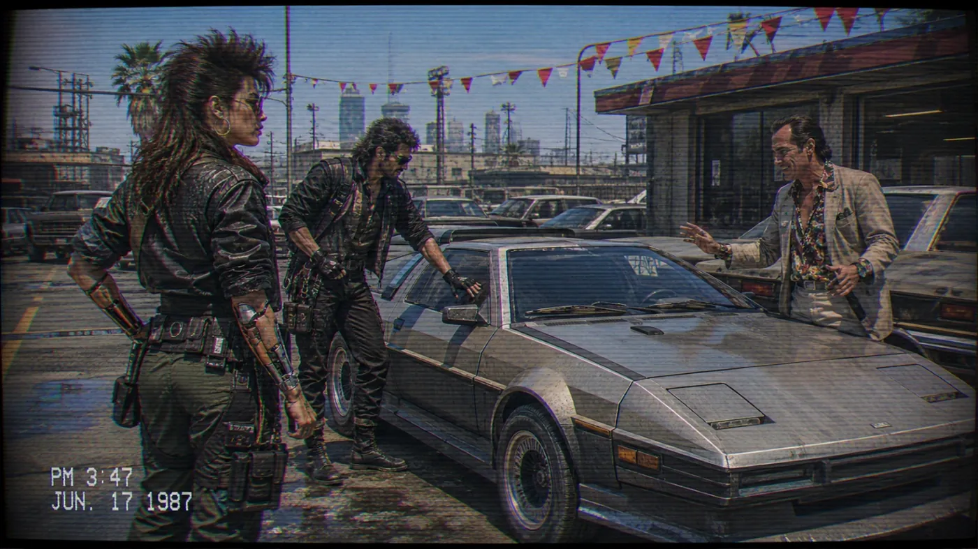 The image depicts a retro-futuristic scene with a silver DeLorean car, two individuals in distinctive costumes, and a backdrop of palm trees and a street with visible urban infrastructure. KI-generierte Inhalte können fehlerhaft sein.
