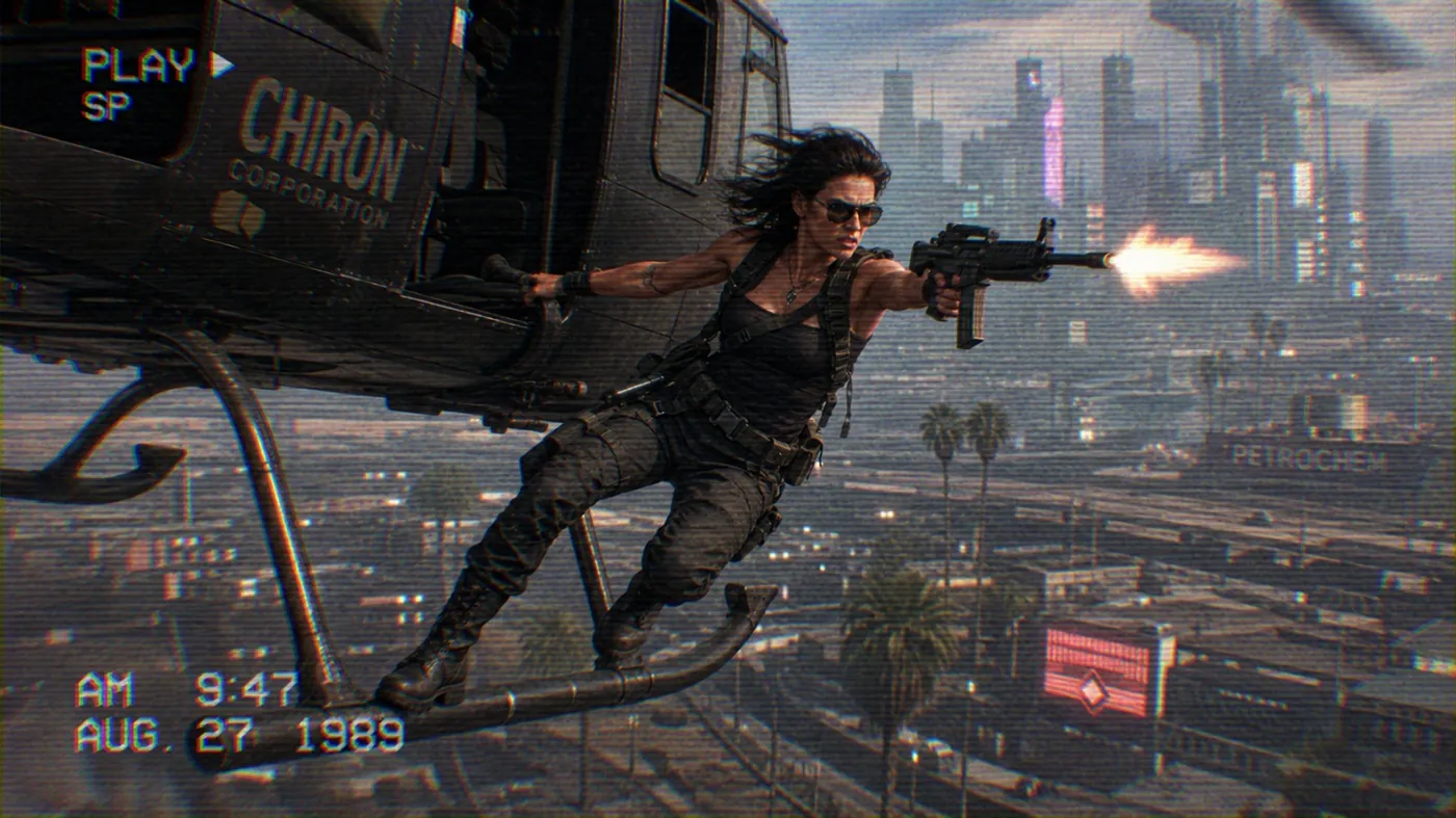 The image depicts a dynamic action scene, likely a movie or video game, featuring a character in a black outfit shooting a gun amidst futuristic urban architecture and flying vehicles. KI-generierte Inhalte können fehlerhaft sein.