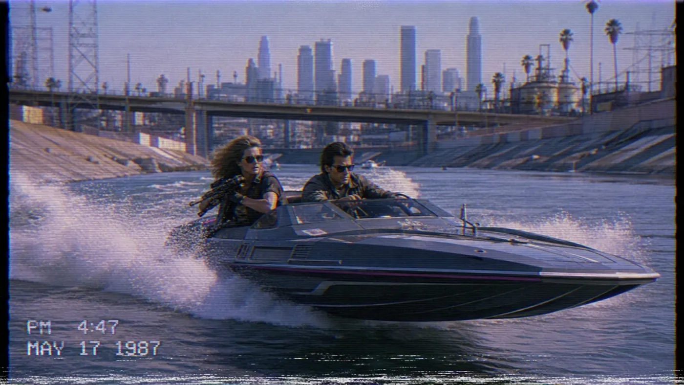 The image depicts a pair of people driving a speedboat on a river, with a city skyline visible in the background, captured in a photograph dated May 17, 1987. KI-generierte Inhalte können fehlerhaft sein.