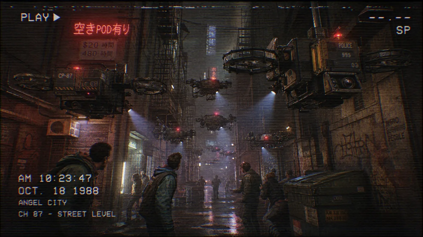 The image depicts a futuristic cityscape with neon lights, flying drones, and a police car, with some text indicating a police chase or incident. KI-generierte Inhalte können fehlerhaft sein.