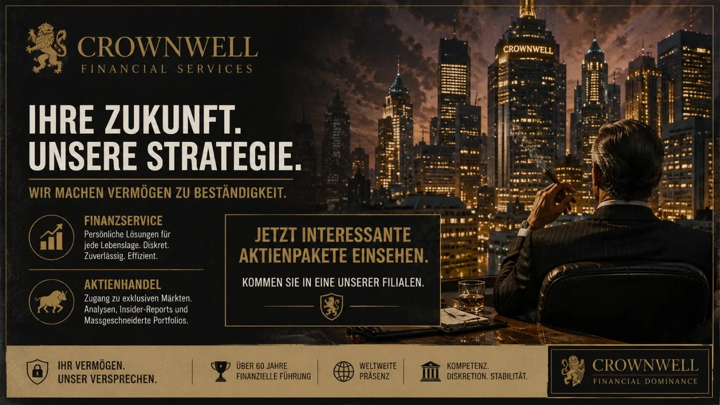 The image depicts a professional, presumably in a corporate office setting, looking at a document or presentation with a backdrop of a city skyline, suggesting a focus on financial services and strategic planning. KI-generierte Inhalte können fehlerhaft sein.