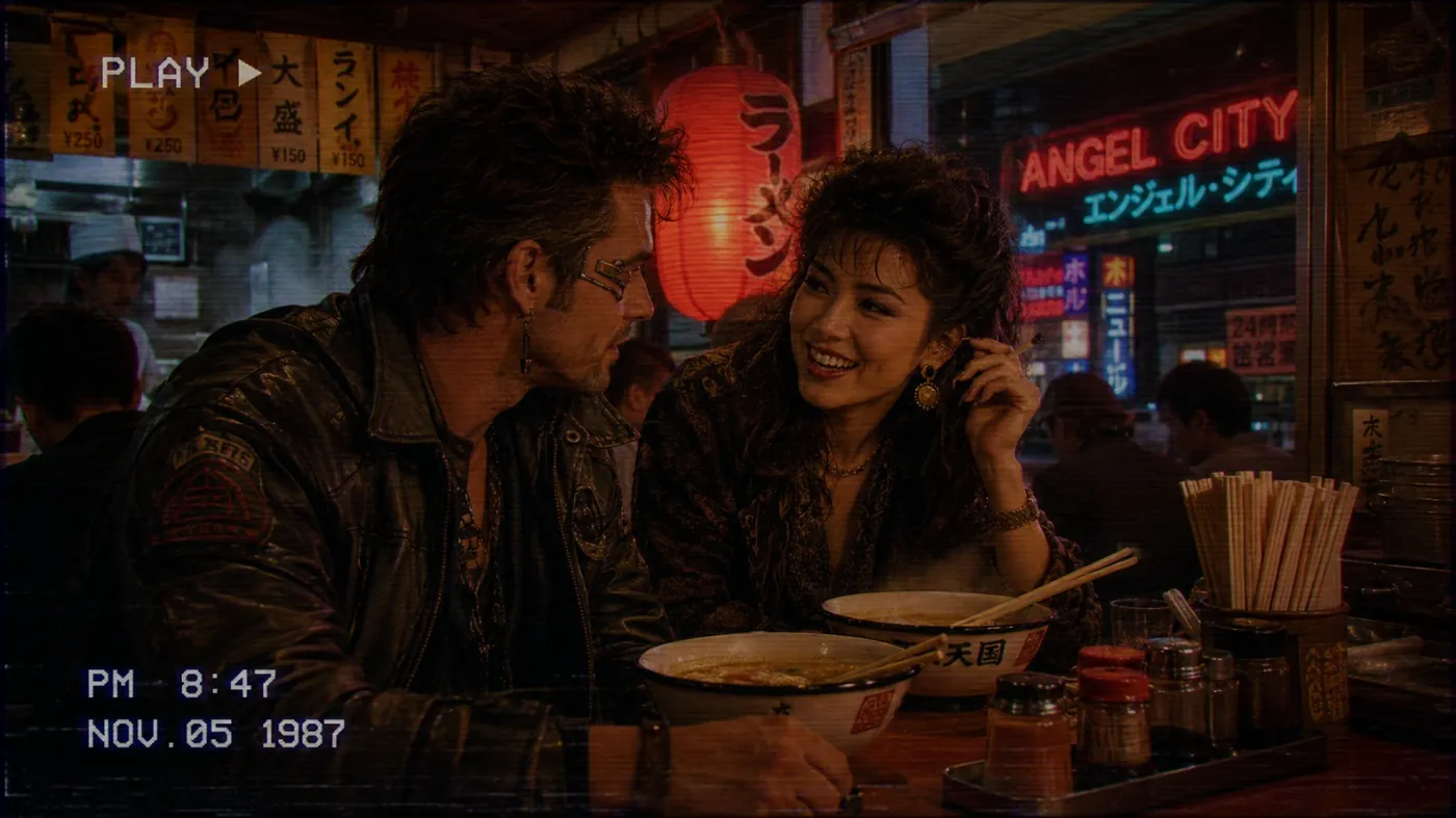 The image depicts a cozy, dimly lit Japanese street scene, likely a restaurant, with a couple sharing a meal, and visible currency denominations on the table. KI-generierte Inhalte können fehlerhaft sein.