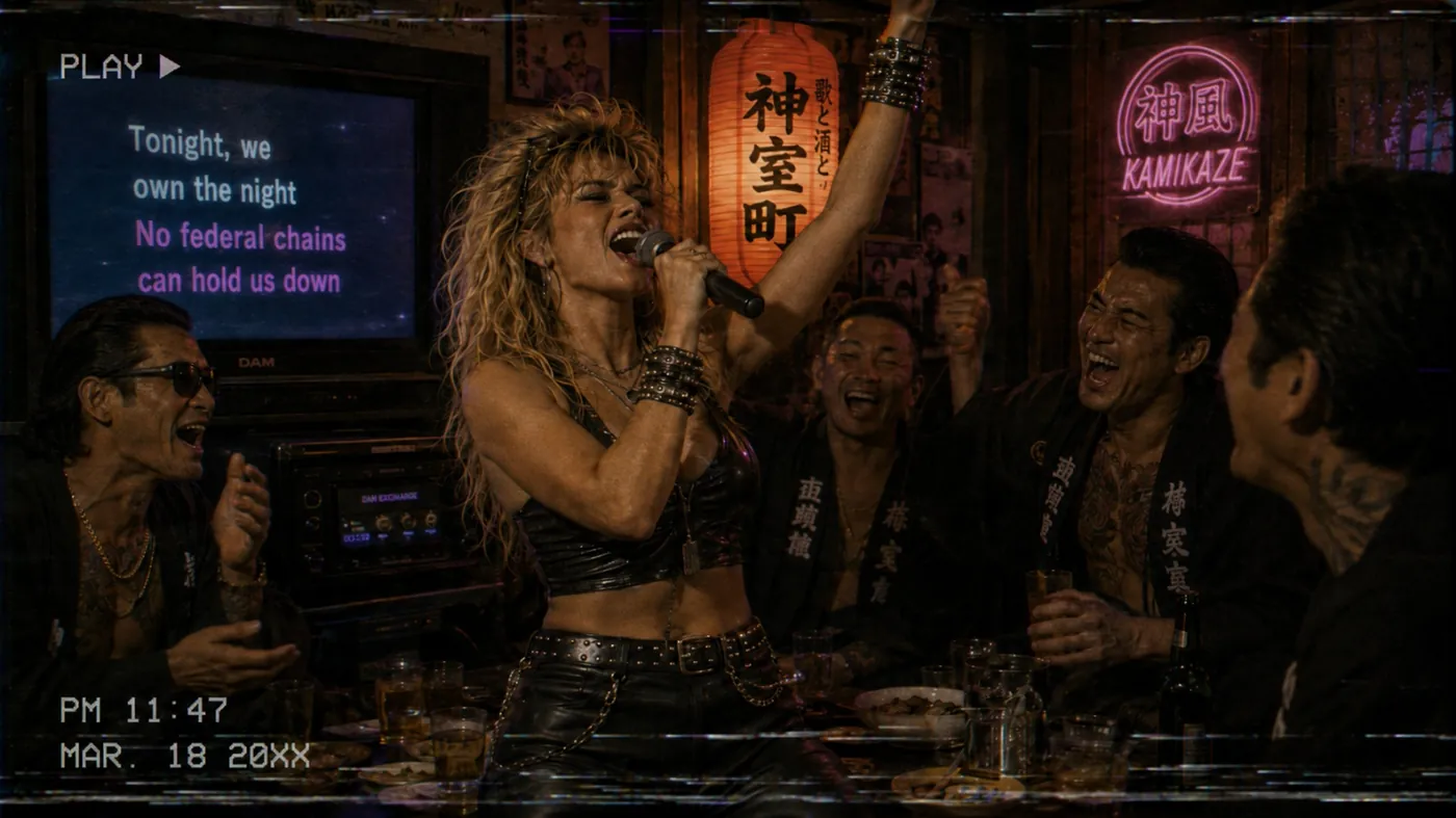 The image depicts a vibrant nightlife scene in a Japanese bar, with people dancing, drinking, and enjoying music. KI-generierte Inhalte können fehlerhaft sein.