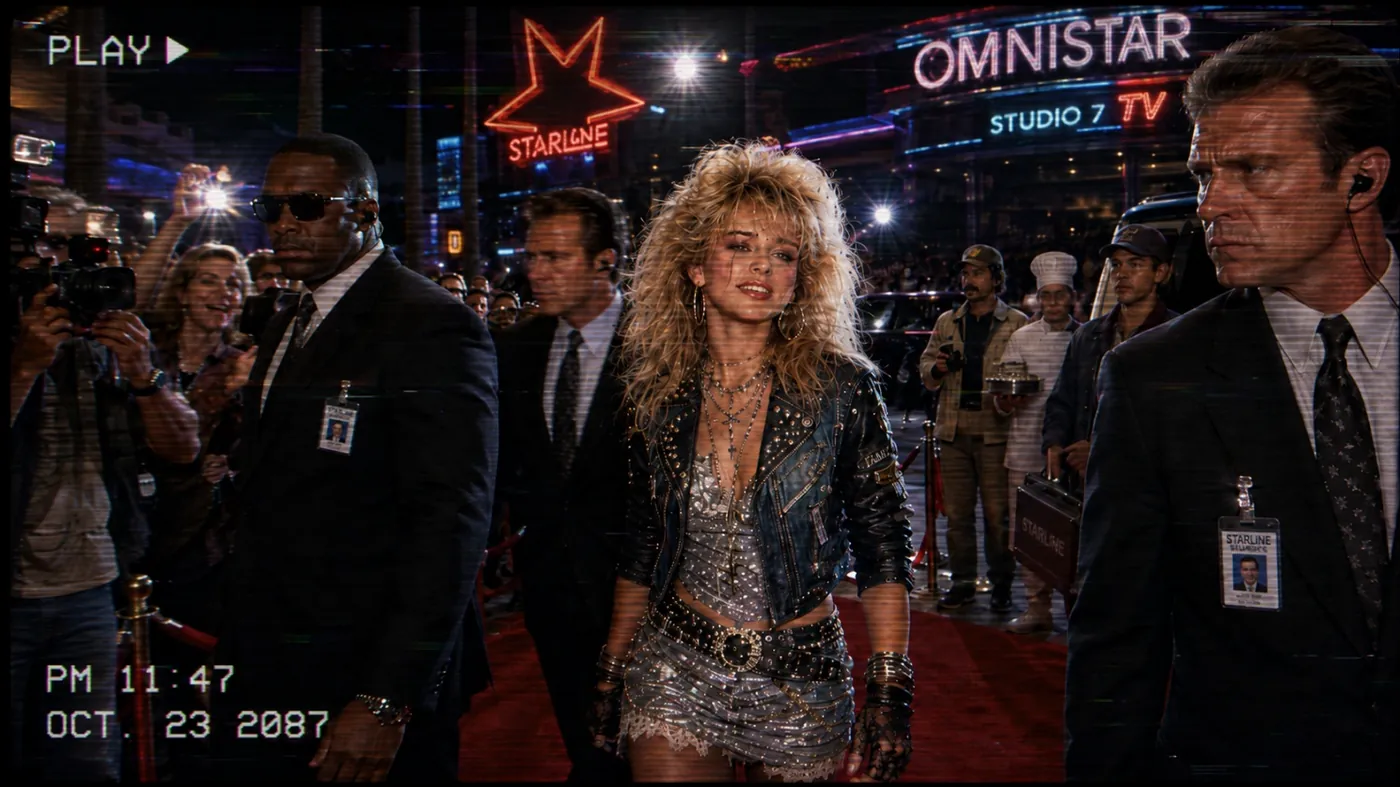 The image shows a red star-studded background with a person dressed in a shiny, metallic jacket, surrounded by people and possibly a red car. KI-generierte Inhalte können fehlerhaft sein.