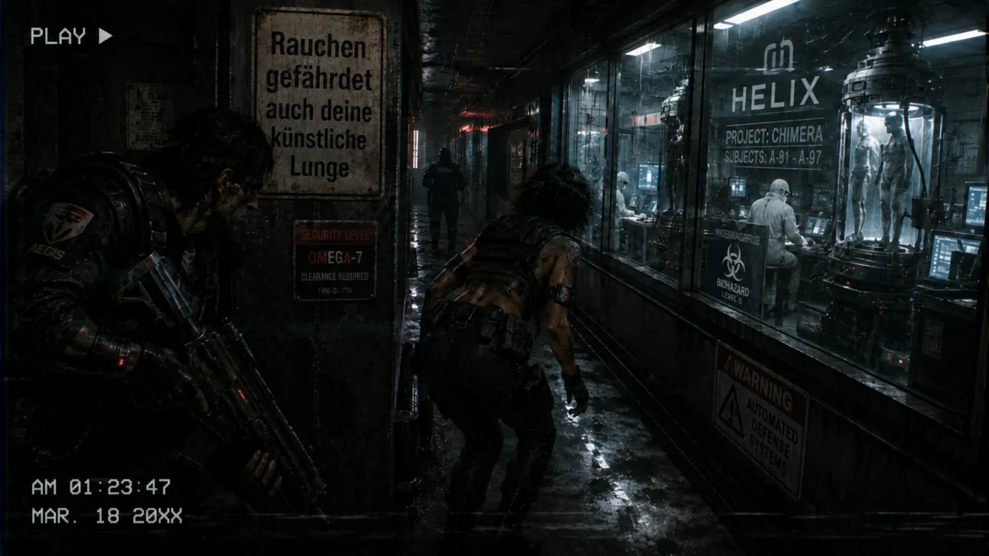 The image depicts a dimly lit, futuristic control room with various monitors displaying information, and a person in military gear examining a biohazard warning on a screen. KI-generierte Inhalte können fehlerhaft sein.