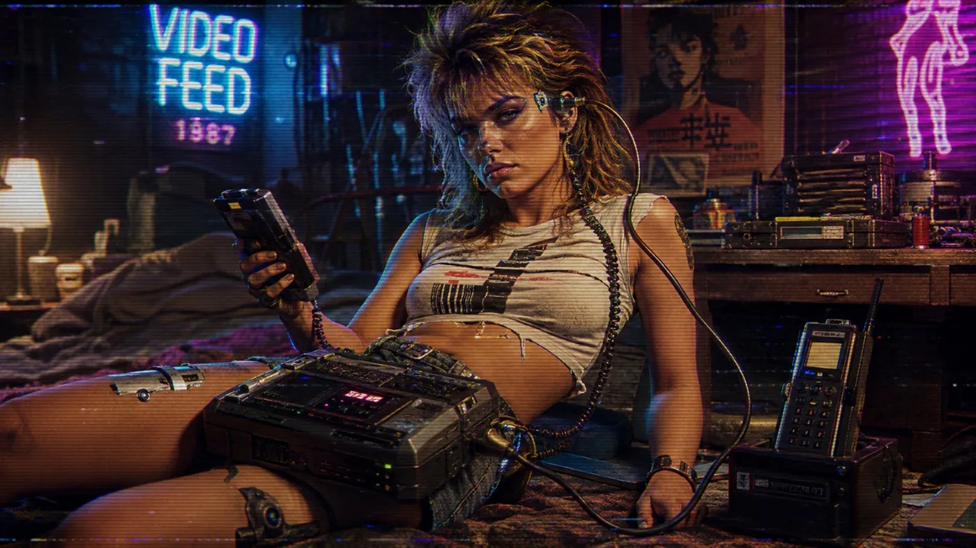 The image depicts a futuristic, electronic, and glowing room with a person sitting, holding a mobile device, and surrounded by electronic equipment. KI-generierte Inhalte können fehlerhaft sein.