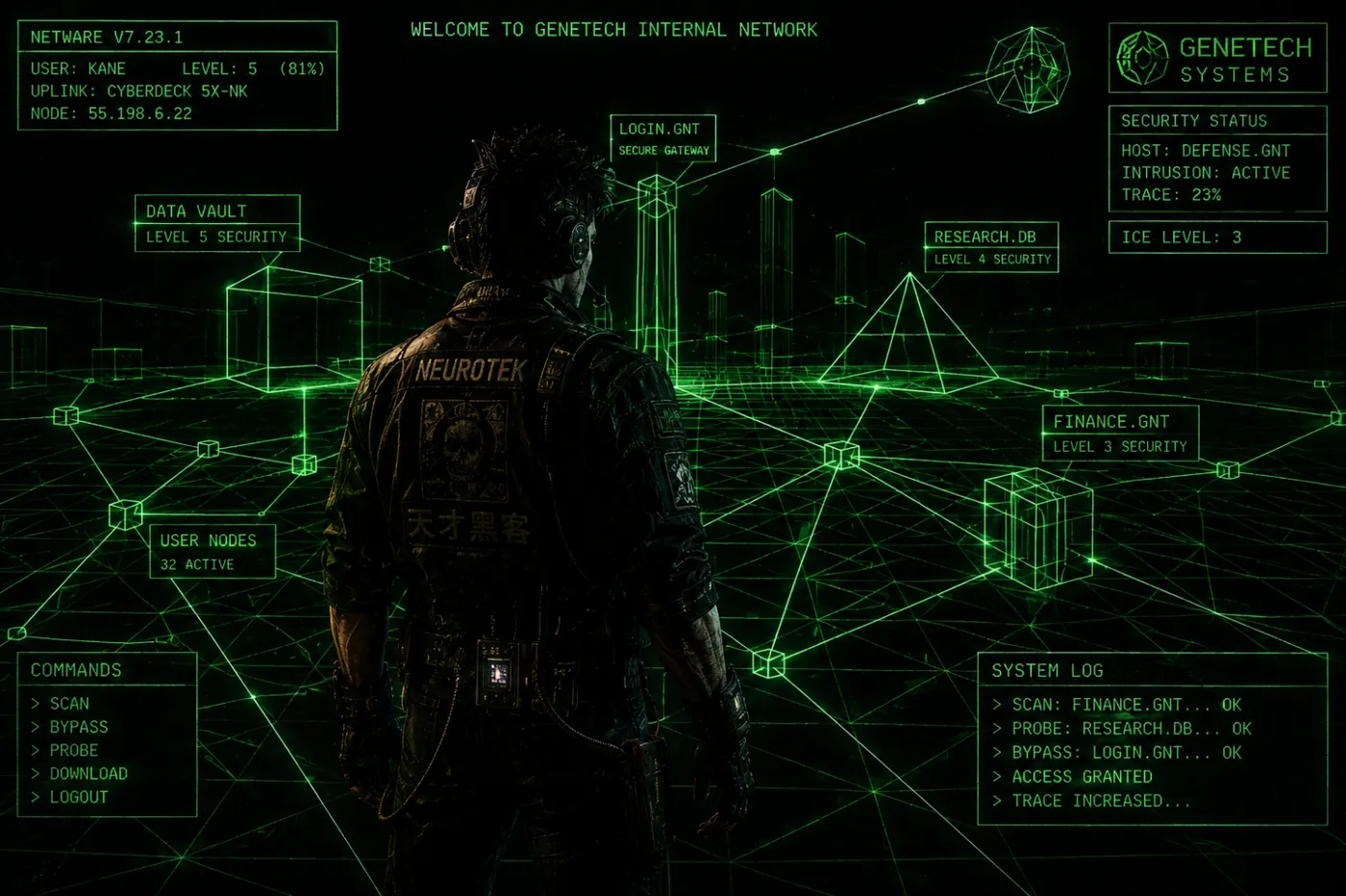 The image displays a digital, cybernetic interface, featuring a user, Kane, at level 5, with active security alerts, ongoing network probes, and access to various systems. KI-generierte Inhalte können fehlerhaft sein.