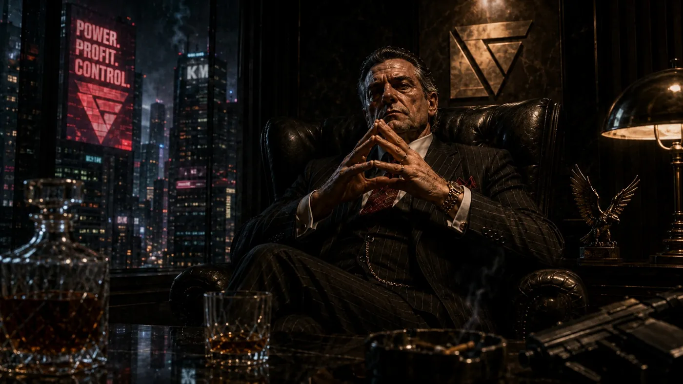 The image depicts a dark, urban scene with a man in a suit, a lit cigar, and a desk, surrounded by urban architecture and red and black geometric patterns. KI-generierte Inhalte können fehlerhaft sein.