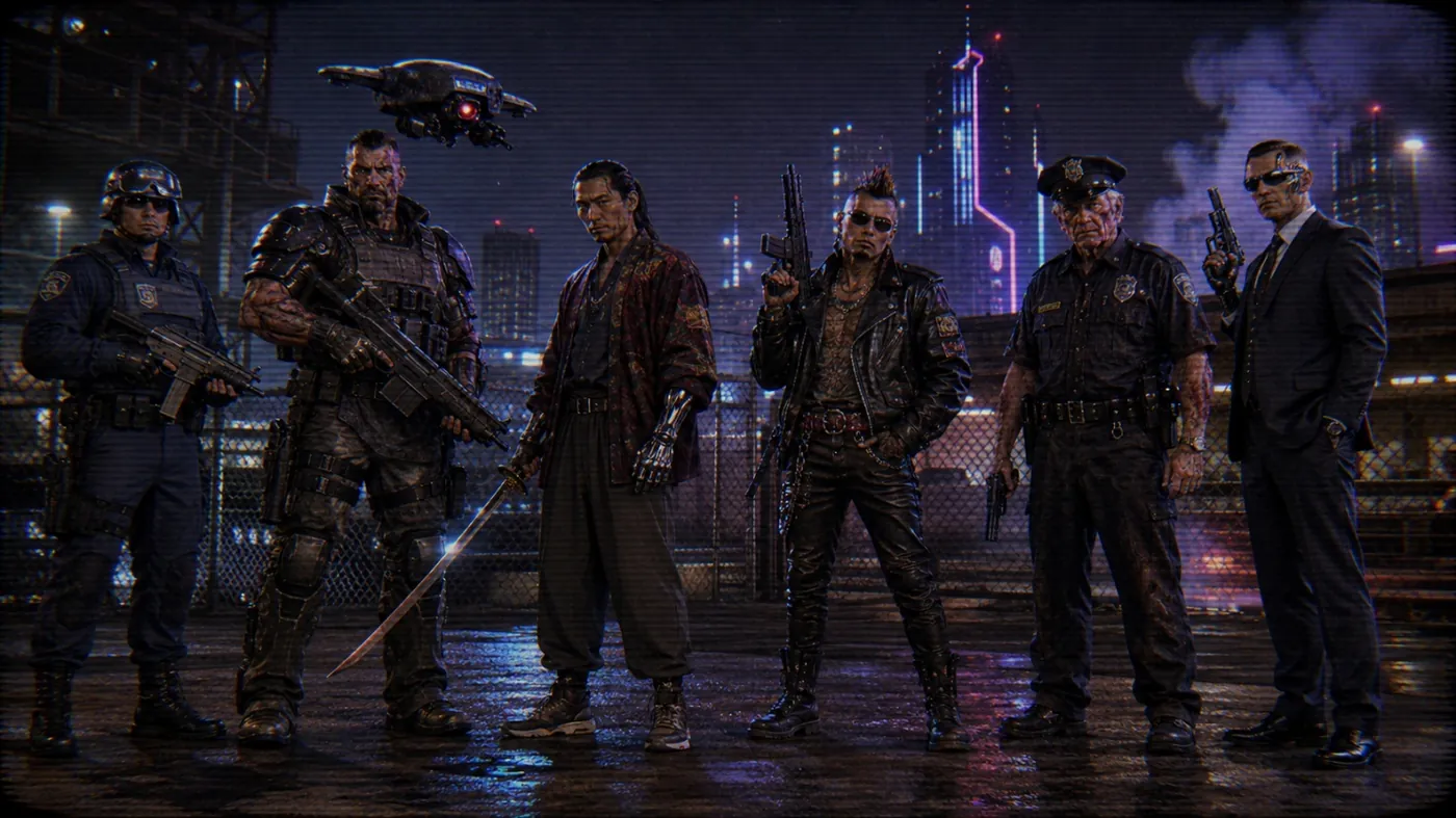 The image depicts a group of men in tactical gear, each holding a weapon, standing in a futuristic, urban setting with a flying vehicle in the background. KI-generierte Inhalte können fehlerhaft sein.