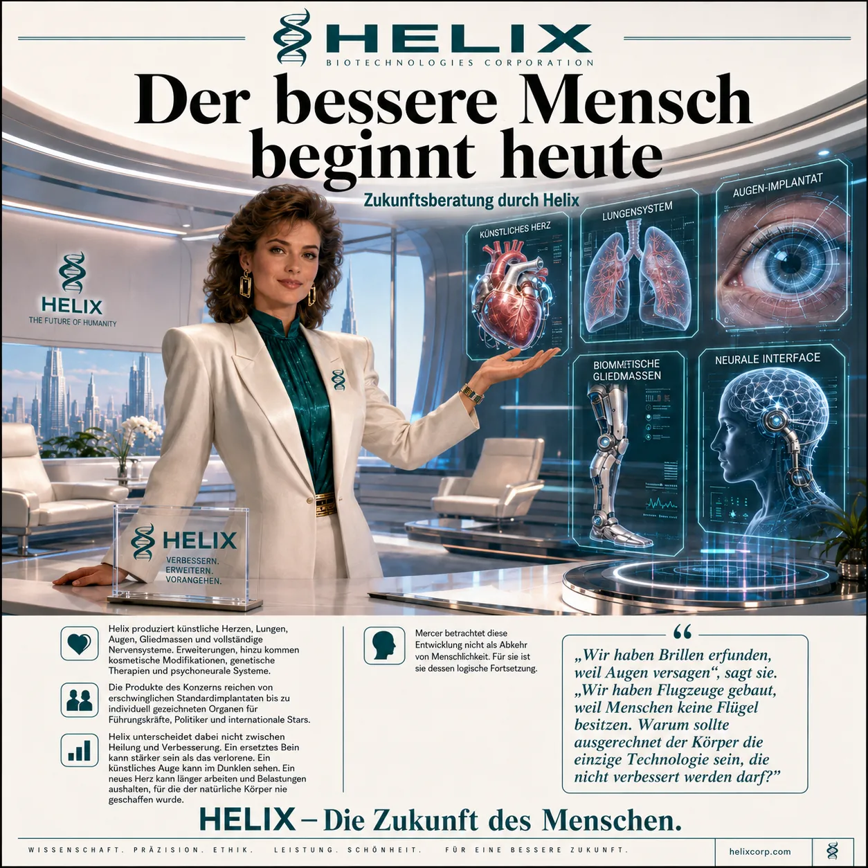The image showcases a sleek, high-tech office setting with a Helix logo and various medical and futuristic technologies, including artificial organs, neural interfaces, and advanced prosthetics, suggesting a corporate environment focused on enhancing human capabilities. KI-generierte Inhalte können fehlerhaft sein.