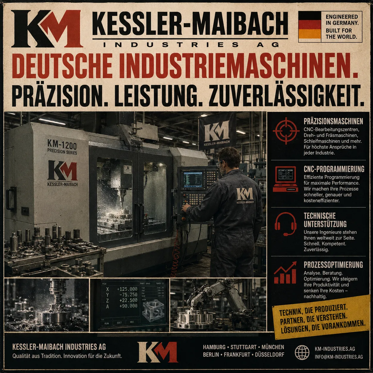 The image is a promotional brochure for KESSLER-MAIBACH, a German company specializing in precision machining and CNC programming for various industries. KI-generierte Inhalte können fehlerhaft sein.