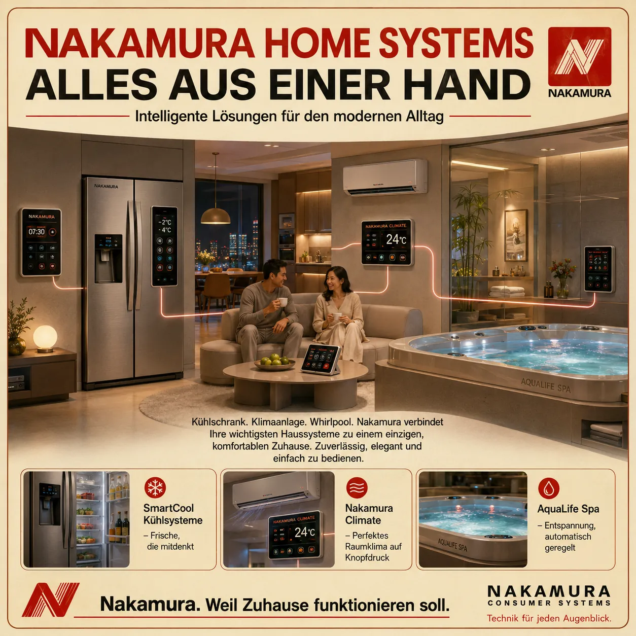 The image depicts a modern living space with Nakamura home systems, featuring a refrigerator, climate control, and a spa, all integrated into a single, reliable, and easy-to-use home automation solution. KI-generierte Inhalte können fehlerhaft sein.