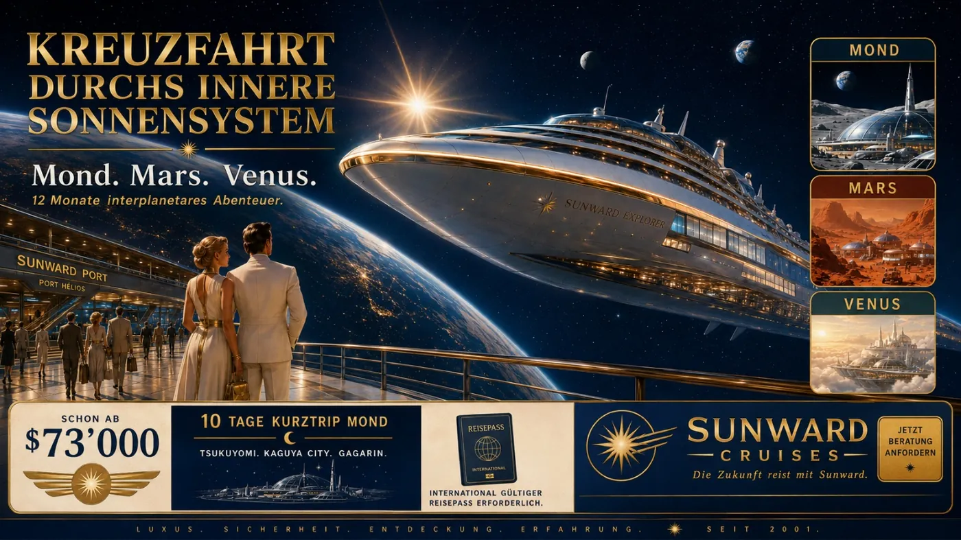 The image depicts a luxurious space cruise journey through the solar system, featuring various planets, and offering a 12-month interplanetary adventure for $73,000. KI-generierte Inhalte können fehlerhaft sein.