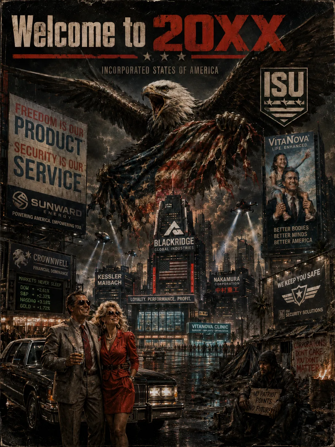 The image depicts a powerful and vibrant welcome sign for the year 20XX, showcasing a majestic eagle, a cityscape, and symbols of power, prosperity, and service. KI-generierte Inhalte können fehlerhaft sein.
