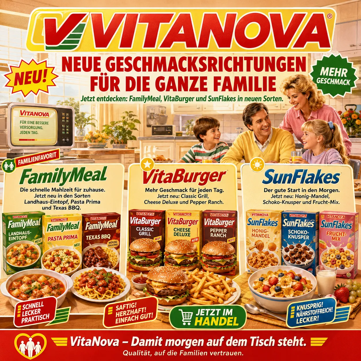 The image is a colorful, family-oriented food packaging advertisement featuring new products and flavors such as FamilyMeal, VitaBurger, and SunFlakes, with an emphasis on a nutritious, tasty, and convenient meal solution. KI-generierte Inhalte können fehlerhaft sein.