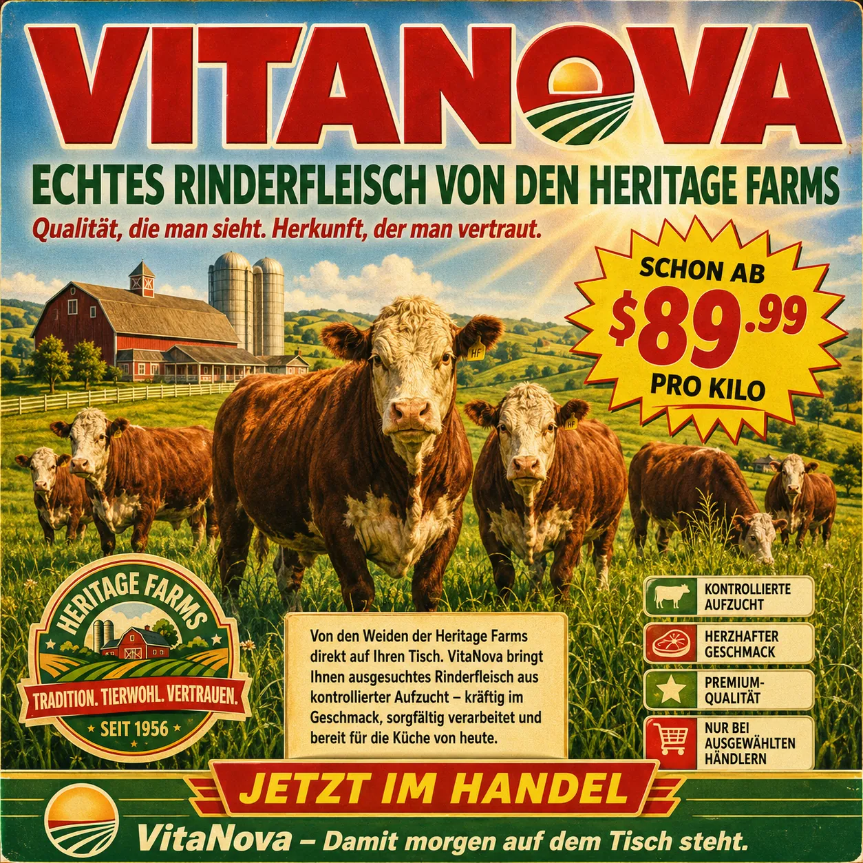 VitaNova advertises heritage-flavored beef from Heritage Farms, offering $8.99 per kilo, certified grass-fed and ready for culinary use. KI-generierte Inhalte können fehlerhaft sein.